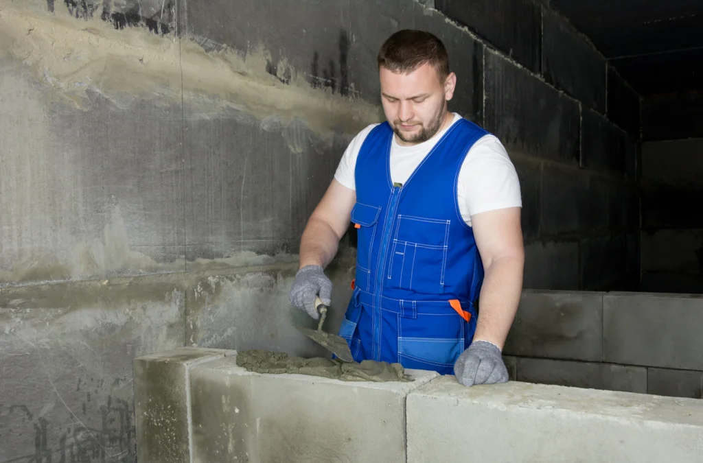 Construction operative laying blockwork with a trowel on a building site